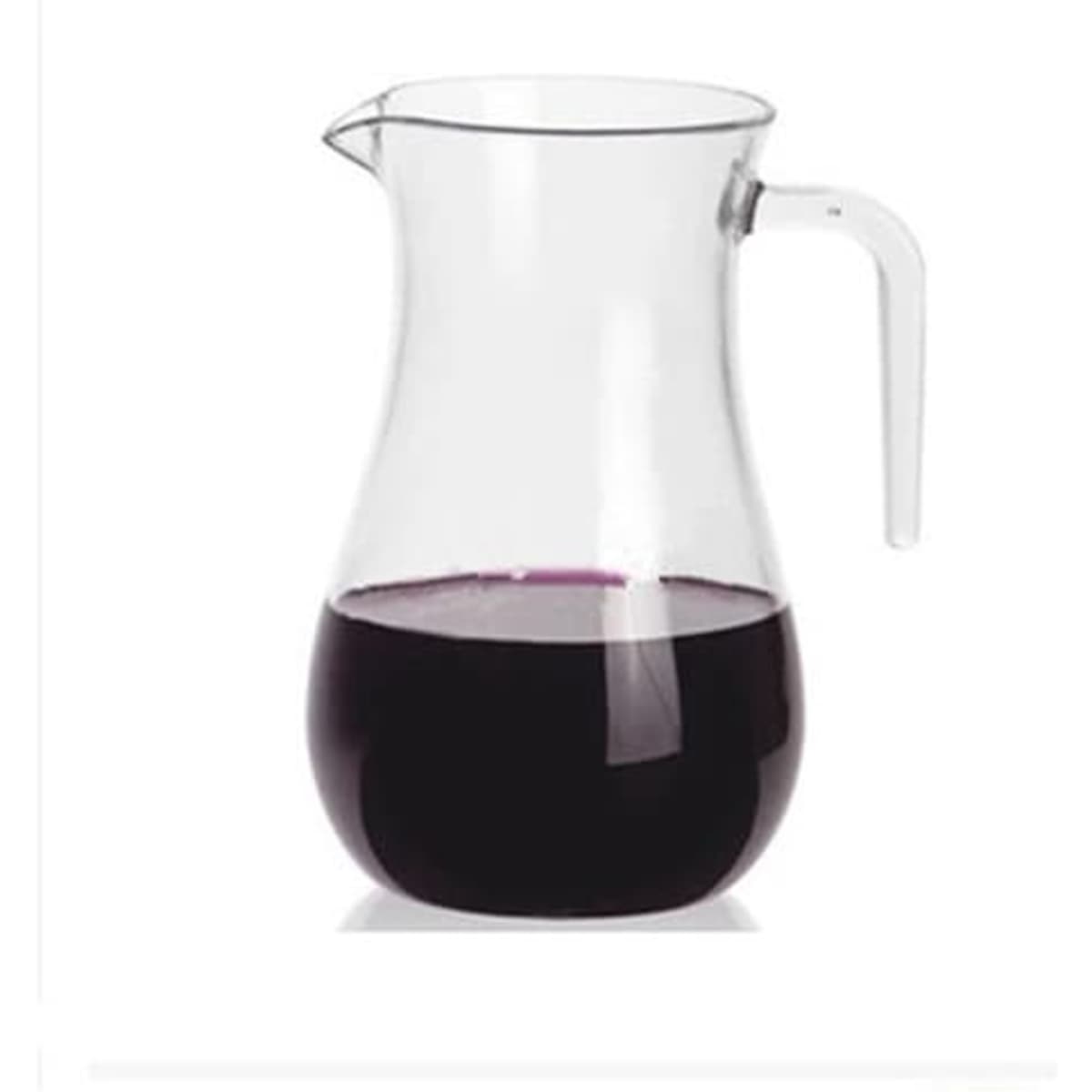 A glass wine decanter with a handle, featuring a clear body and filled with dark purple liquid.