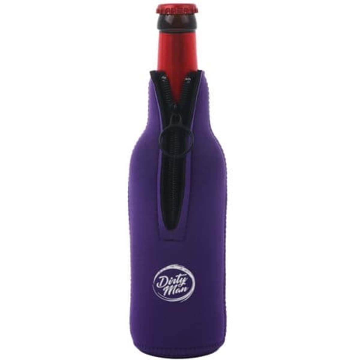 A drink bottle sleeve in purple neoprene with a zipper, designed for standard beer bottles. It features a logo.