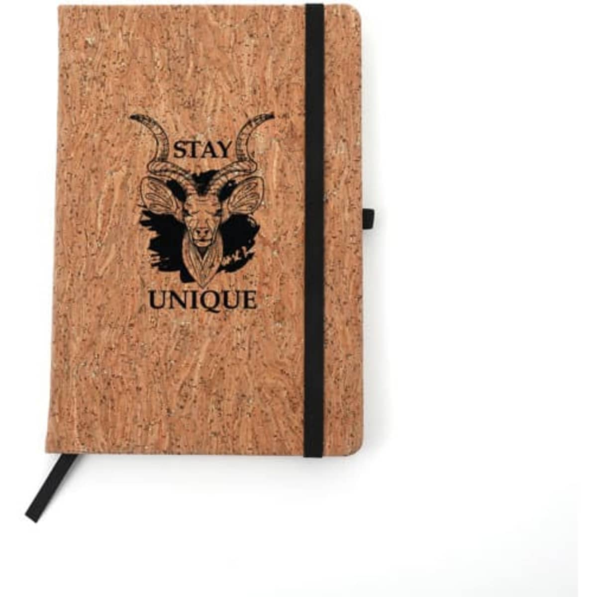 A cork notebook in natural tones with a black elastic band and logo design on the cover.