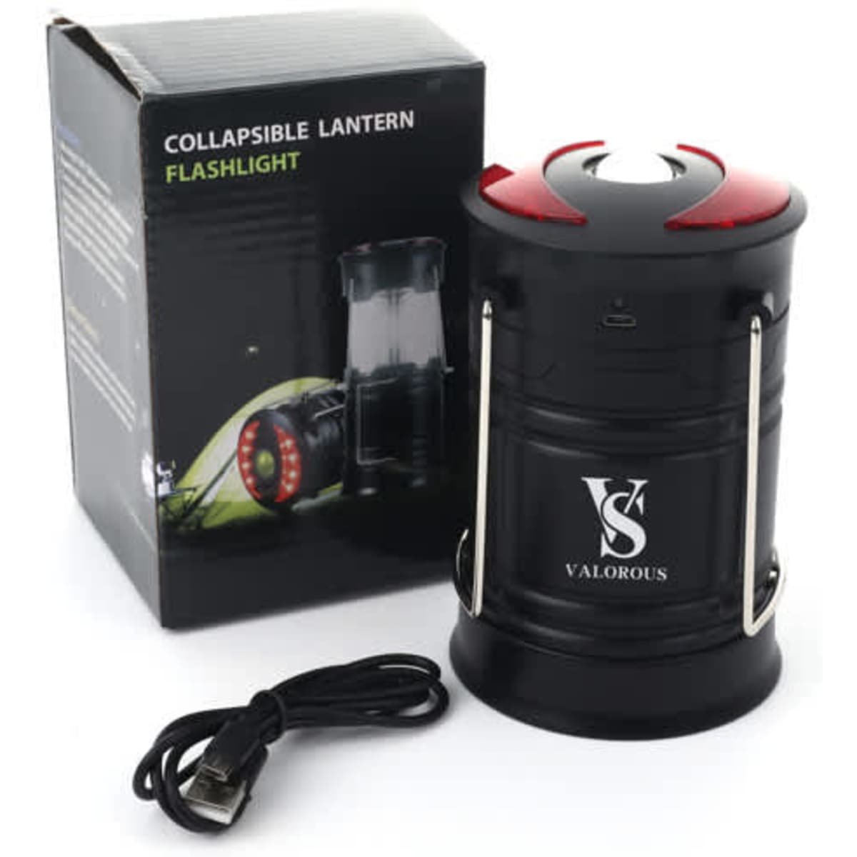 A foldable LED camping lantern in black and red, displayed with its box and a charging cable.