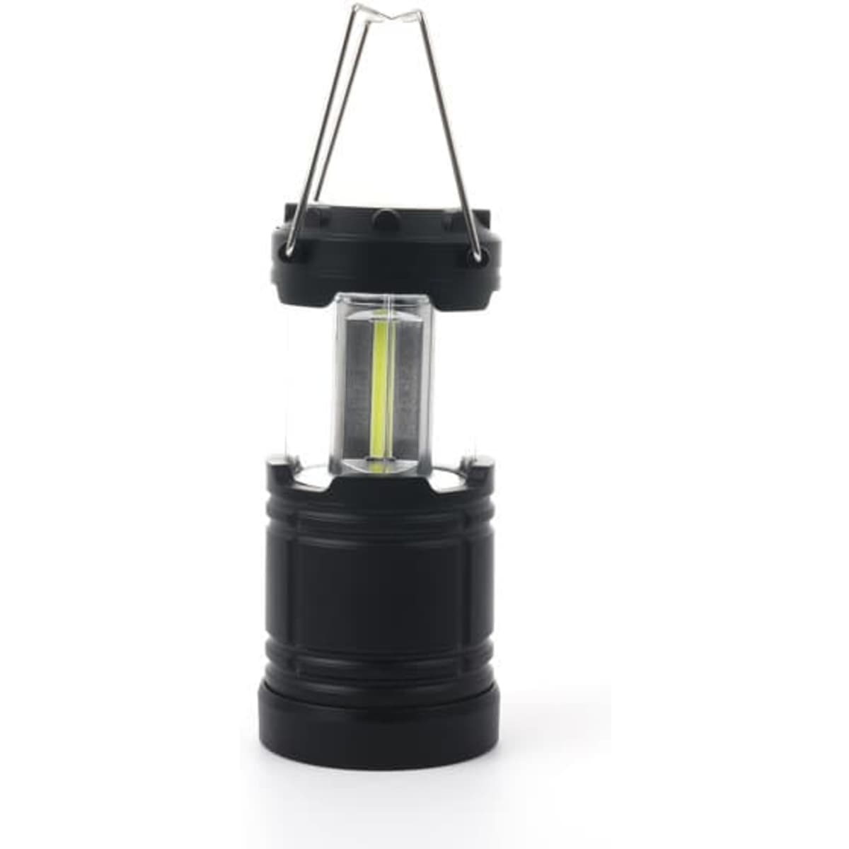 A foldable LED camping light in black with a transparent section and a metallic handle for hanging.