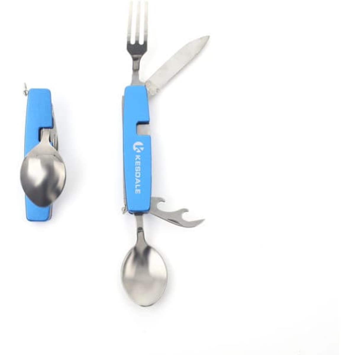 A detachable stainless steel camping cutlery kit in blue, featuring a fork, knife, spoon, and various tools.