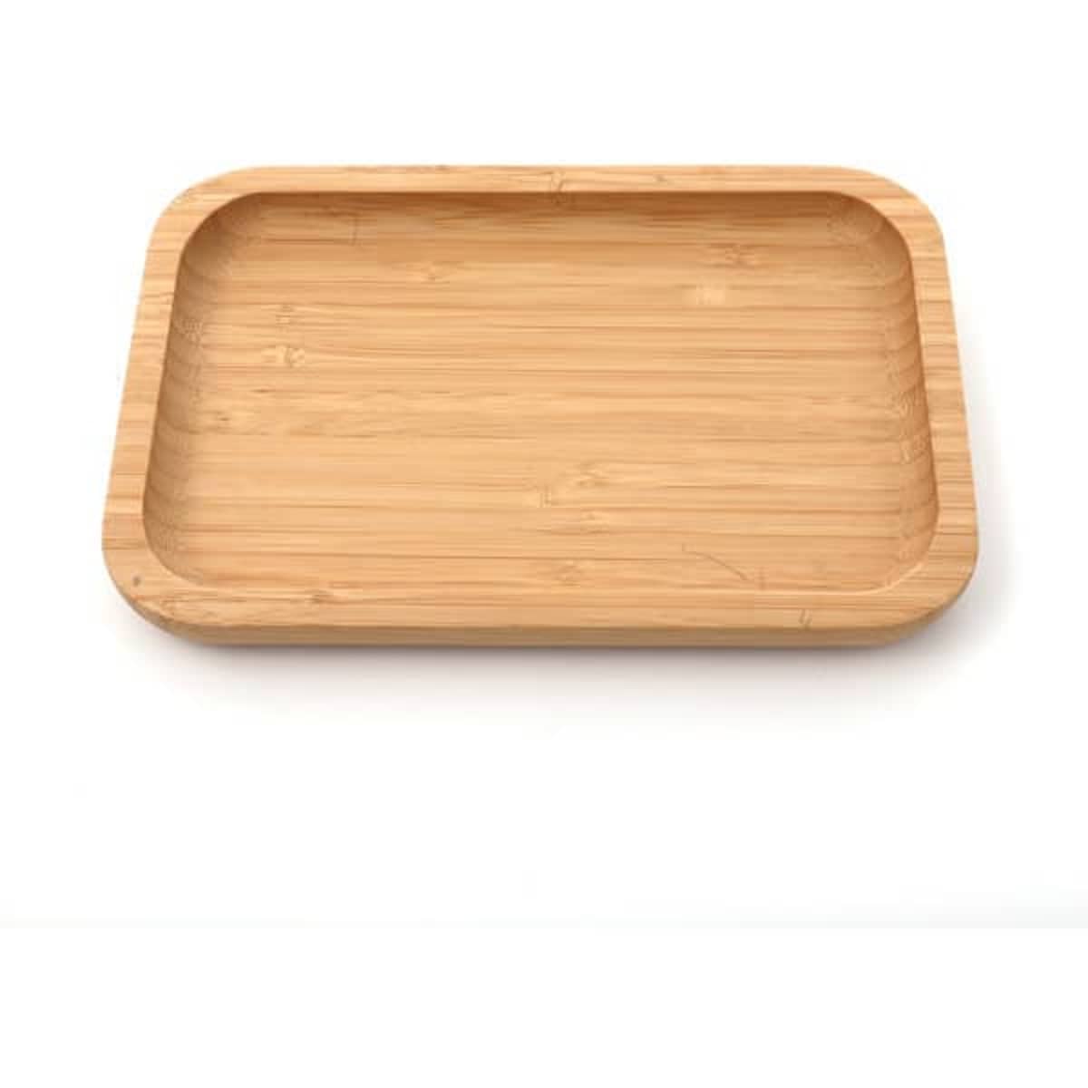A rectangular bamboo tray featuring a natural wood finish and rounded edges. It has a simple design and a branded logo.