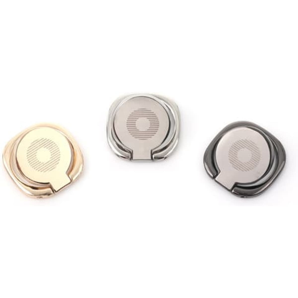 A set of three custom phone ring holders in rose gold, silver, and black finishes, featuring a logo on each.