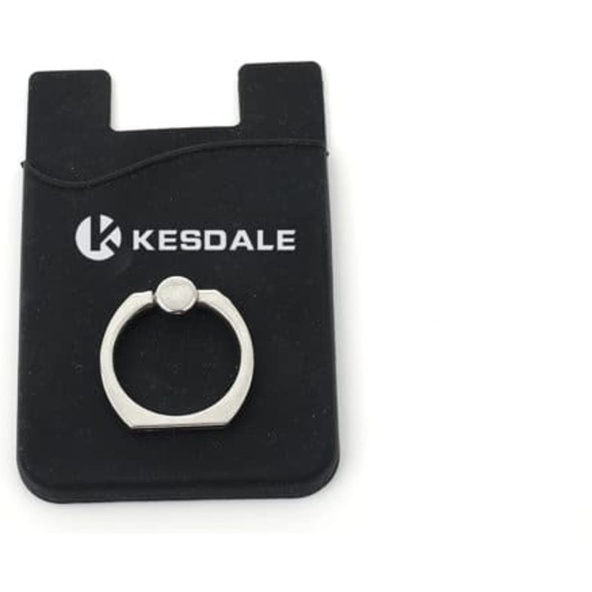 A black silicone phone card holder features a silver ring buckle and a logo. Designed for holding cards securely.