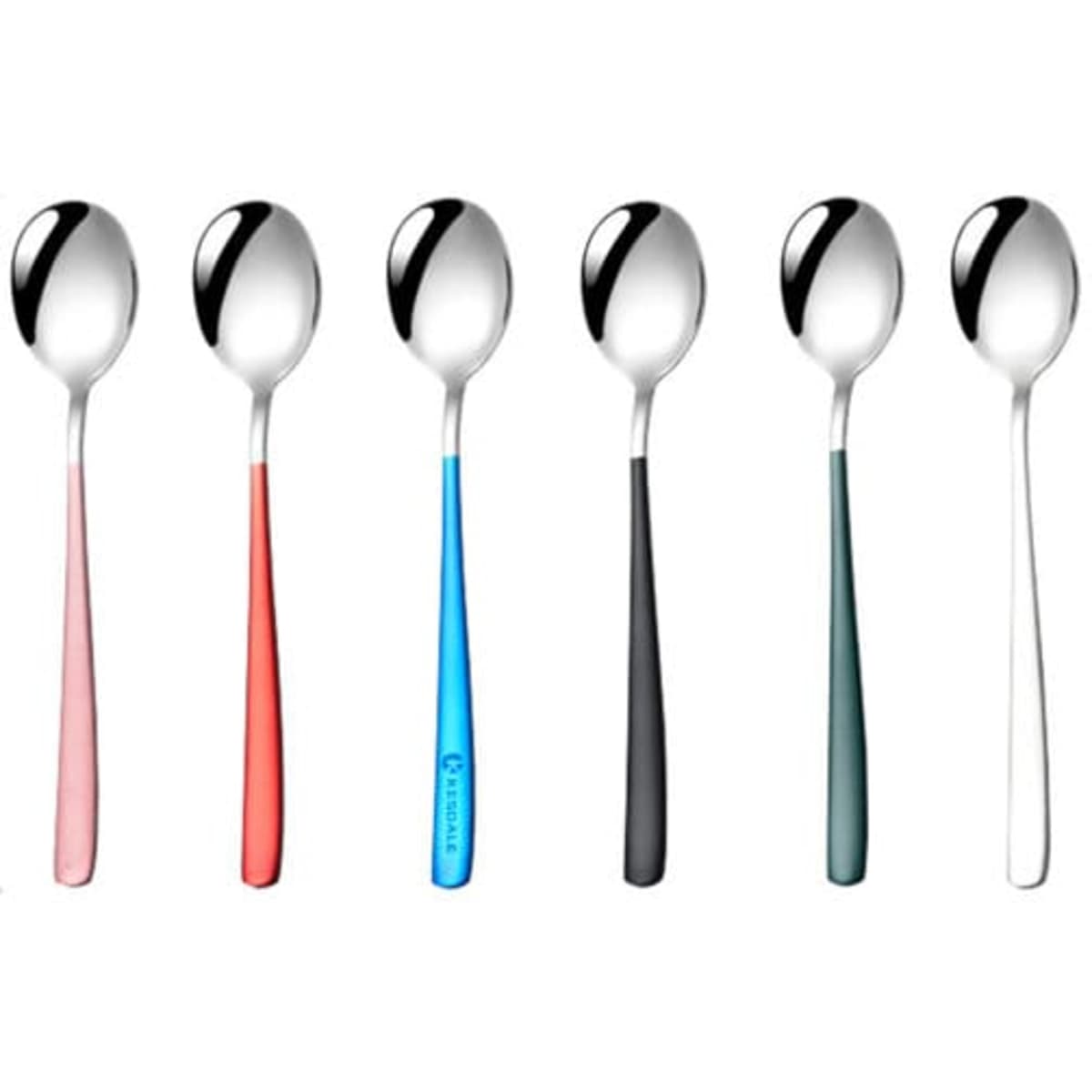 A set of six stainless steel spoons with coloured handles in pink, red, blue, black, and grey.
