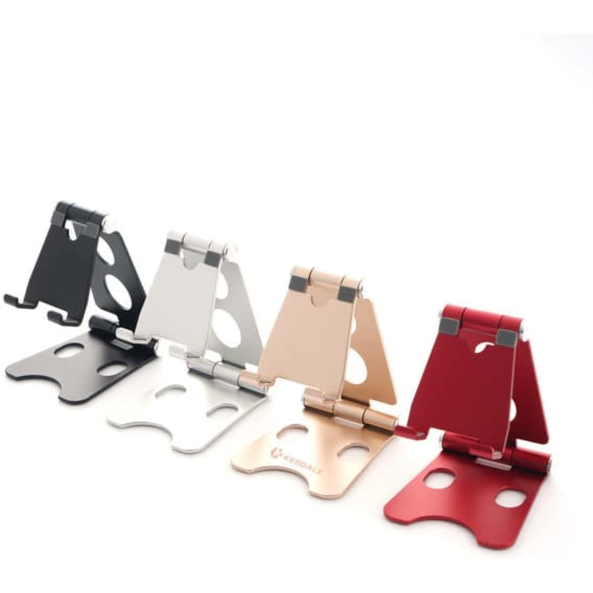 A collection of aluminium alloy phone holders in black, silver, rose gold, and red, featuring a logo on each.