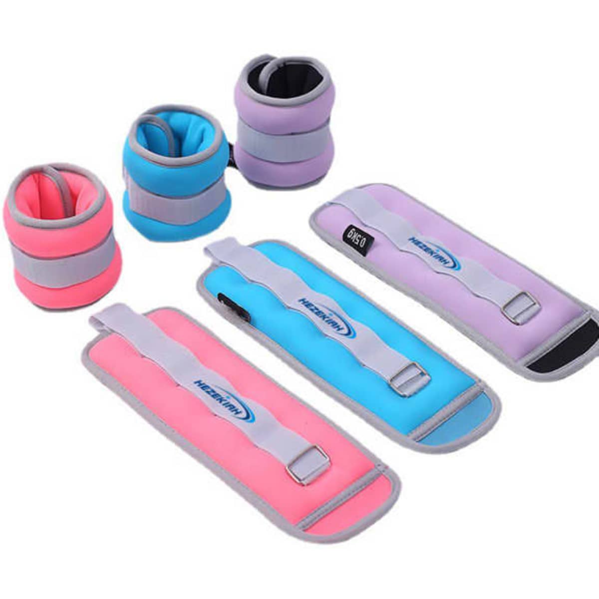 Adjustable ankle and wrist weights in pink, purple, and blue, featuring straps and a logo.