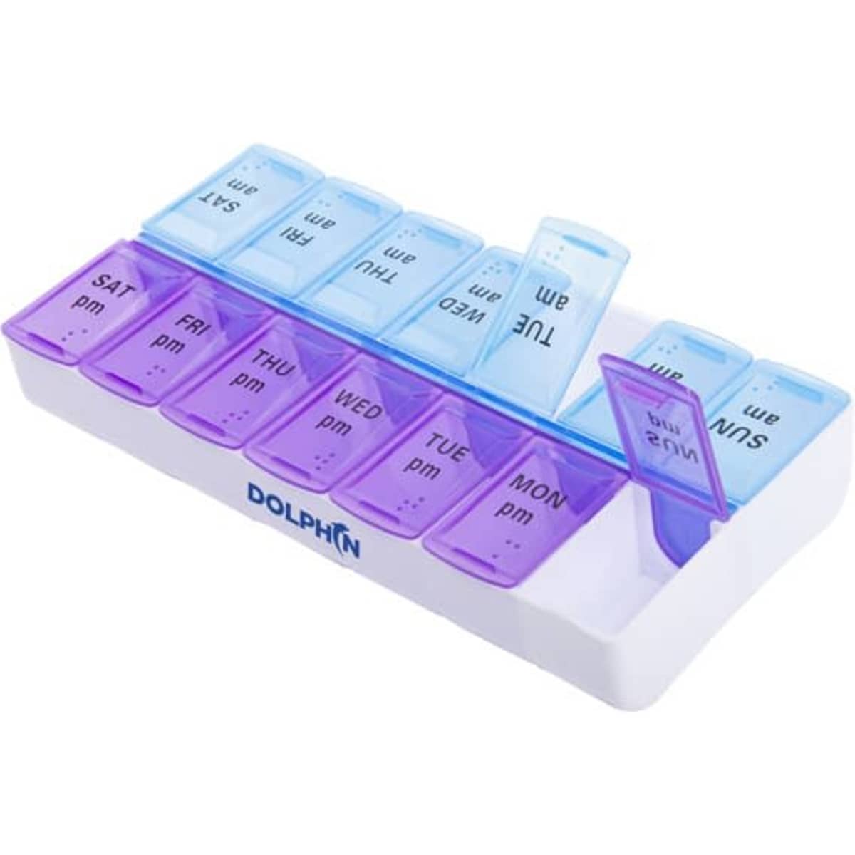 A weekly pill organiser featuring purple and clear compartments for each day, with a logo on the side.