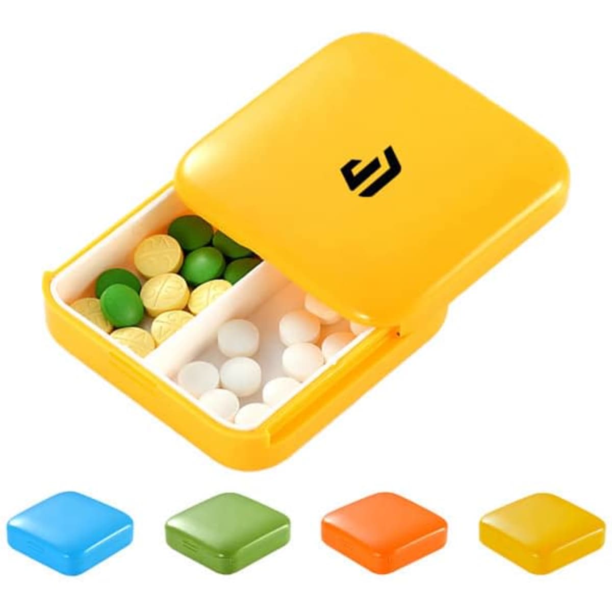 A yellow push-pull square pill box with compartments for pills, featuring green, yellow, and white tablets inside.