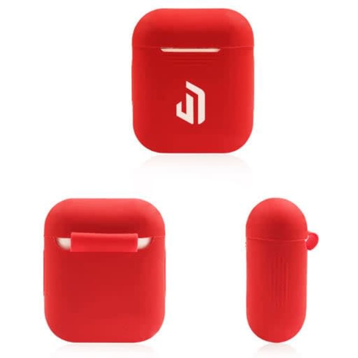 A red silicone wireless earphone case with a logo, featuring smooth contours and a secure fit design.