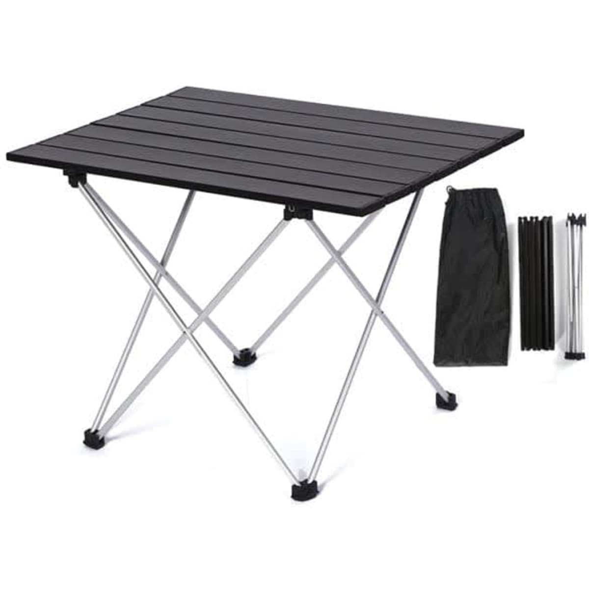A black folding camping table with silver legs and a black carrying bag, displayed alongside its folded components.