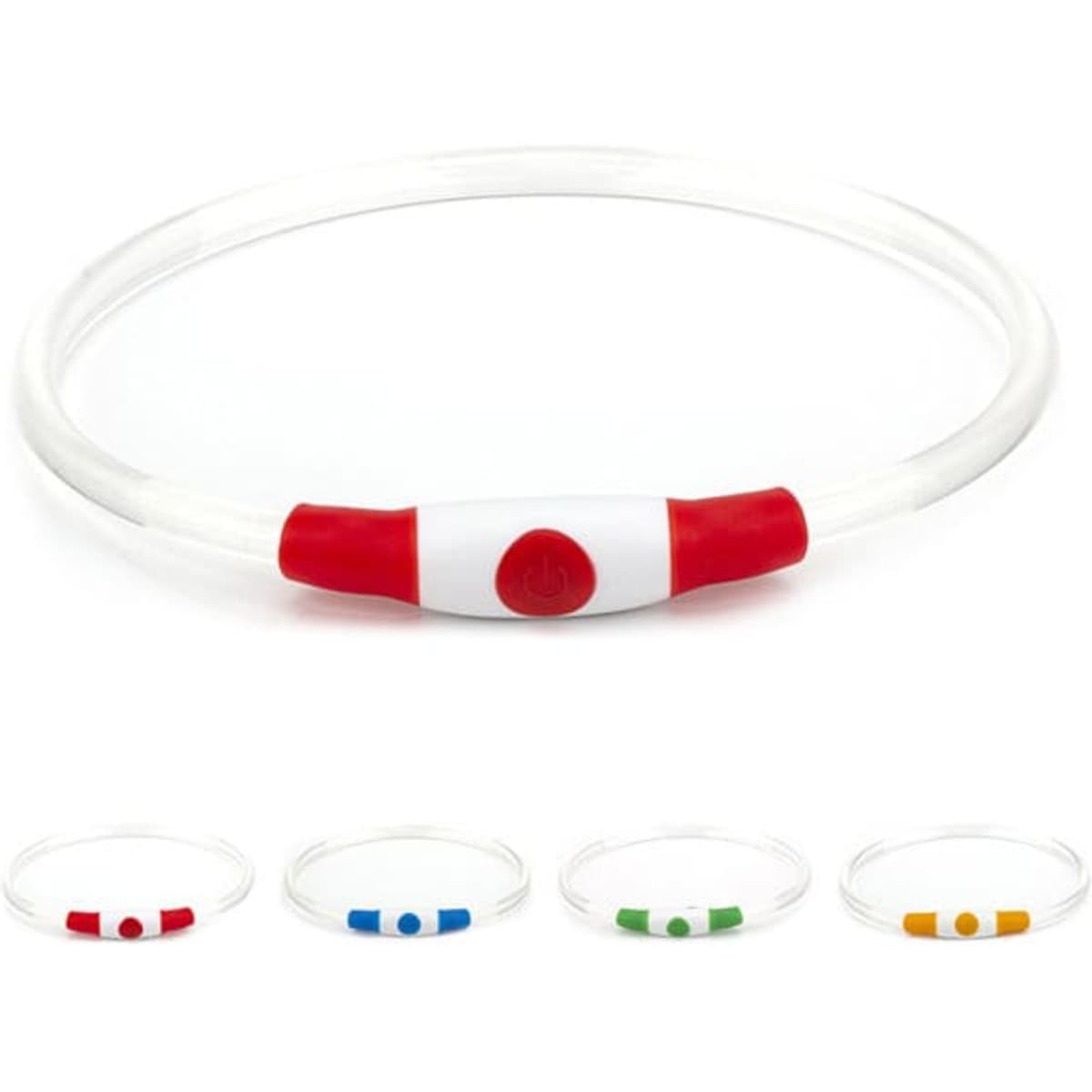 A rechargeable glowing pet collar, featuring a translucent design with red accents and multiple colour options displayed below.