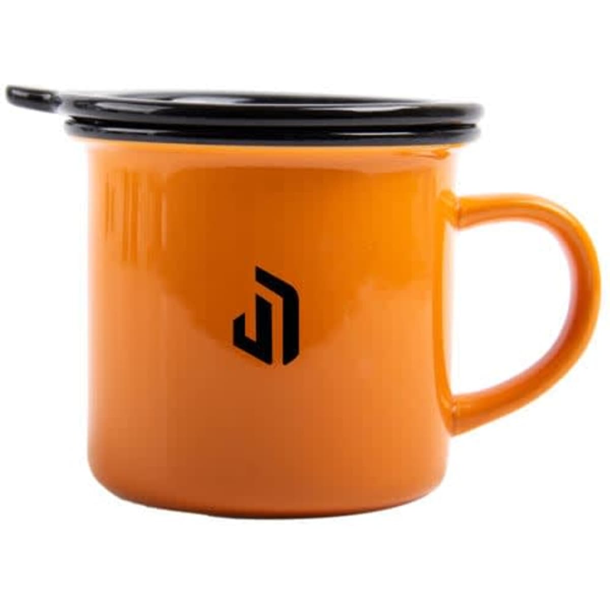 An orange ceramic campfire mug with a black lid and a logo on the side.