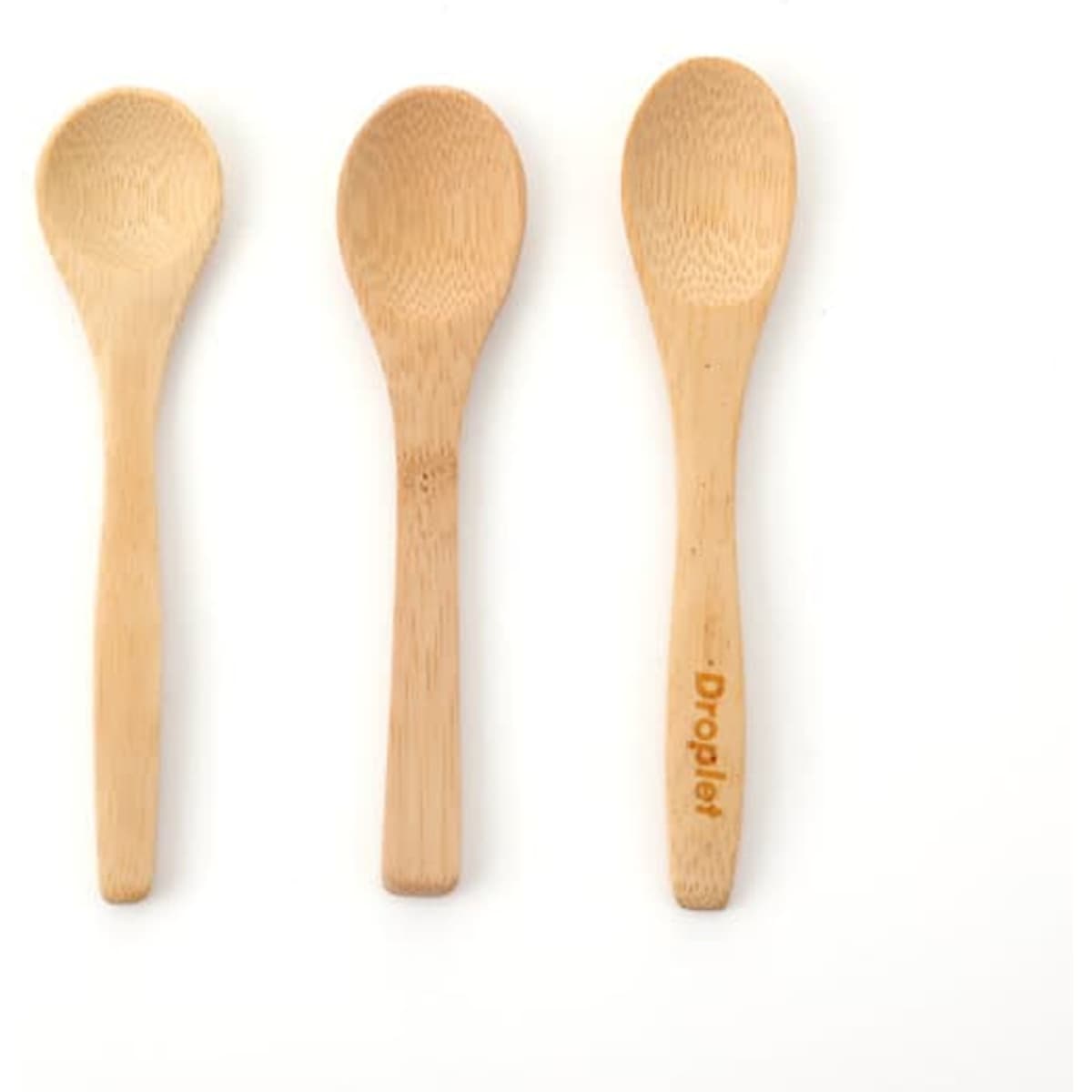 Three bamboo spoons in varying sizes, featuring a light brown colour, with one spoon displaying a logo.