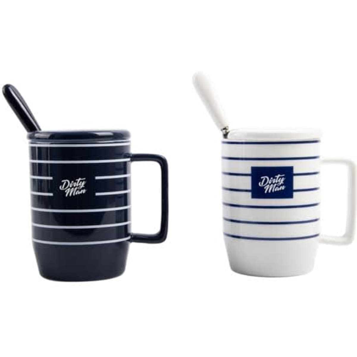 A ceramic mug set in navy and white stripes, featuring lids and spoons. Includes a logo on each mug.