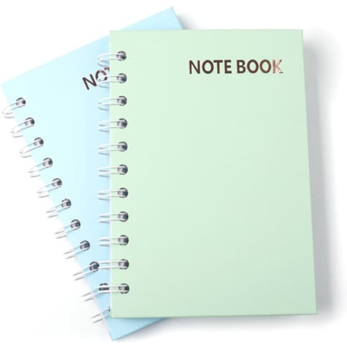 A6 hardcover spiral notebook in light blue and mint green, featuring a simple cover design and a logo.