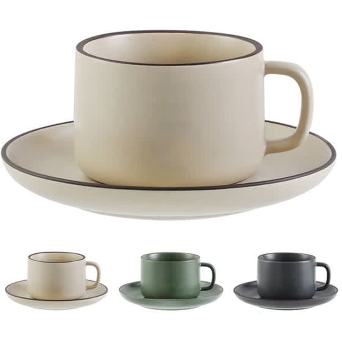 An 8 oz. ceramic coffee cup in beige with a matching saucer, alongside green and black variations. Features a logo.