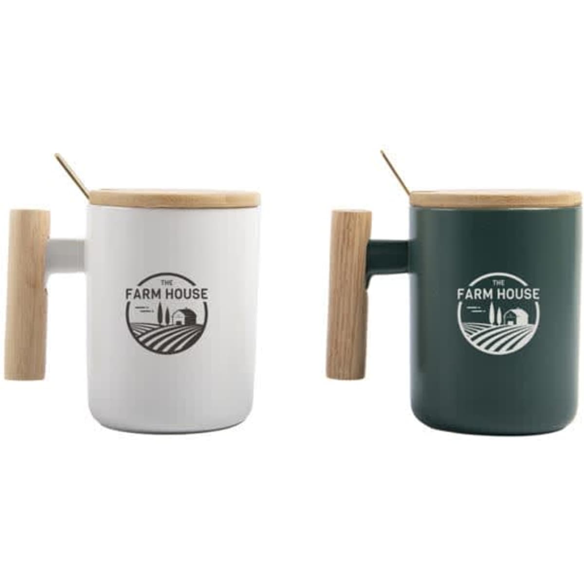 A ceramic mug set featuring a wood handle, one white and one green, each with a logo and a bamboo lid.