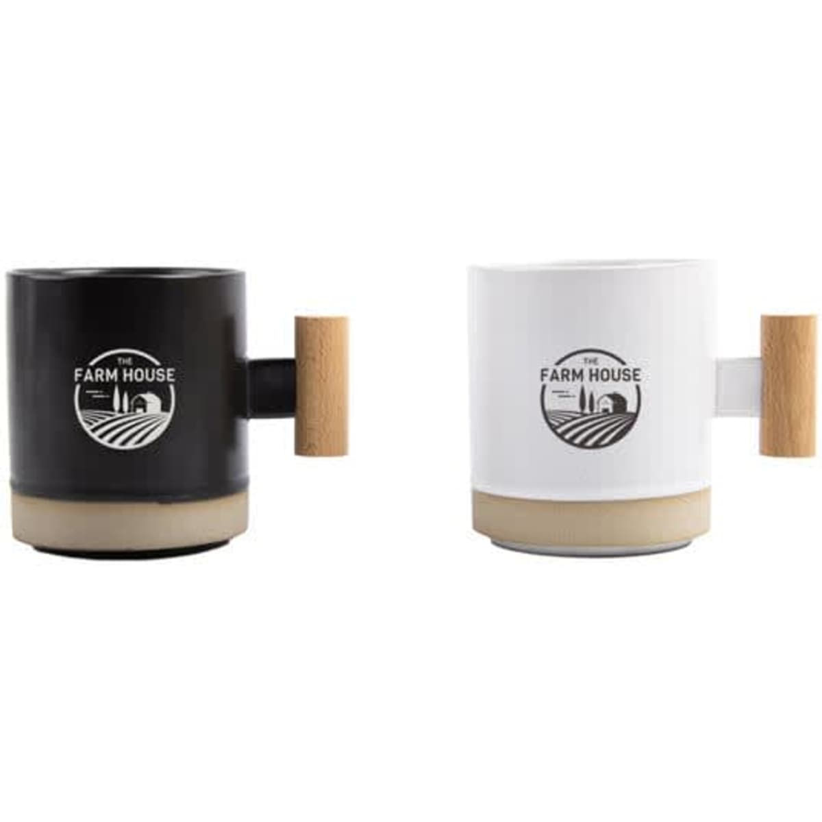 A ceramic mug set featuring a black and a white mug, both with wooden handles and a logo.