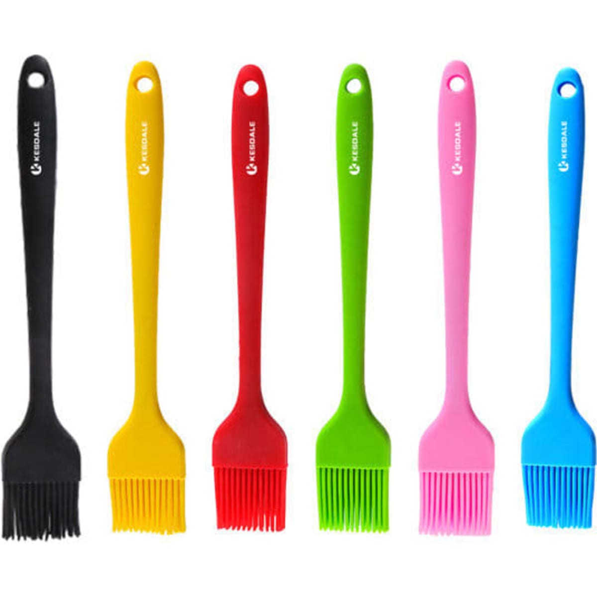 A set of silicone basting brushes in black, yellow, green, red, pink, and blue, featuring a logo on the handles.
