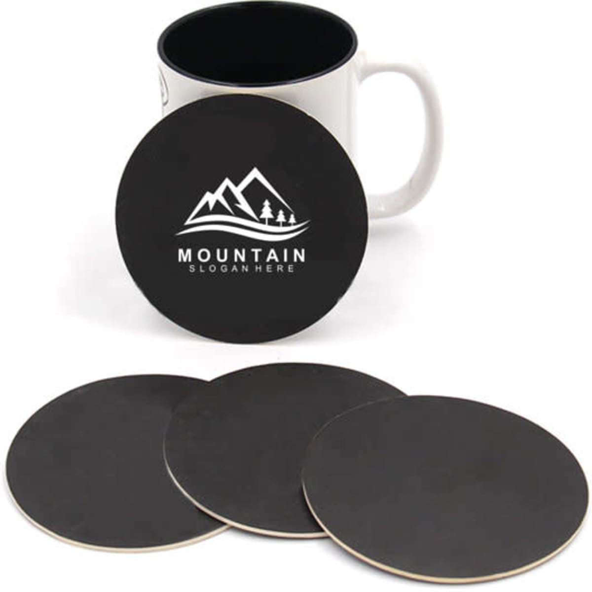 A set of four black absorbent paper coasters with a logo, alongside a white mug with a black interior.
