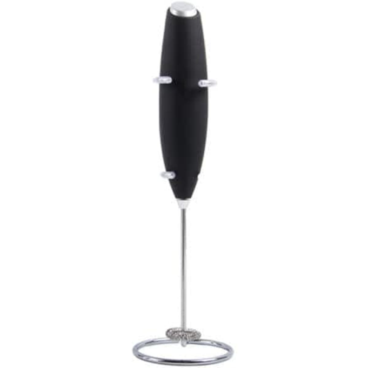 A black milk frother with a chrome stand, designed for coffee and tea preparation accessories.