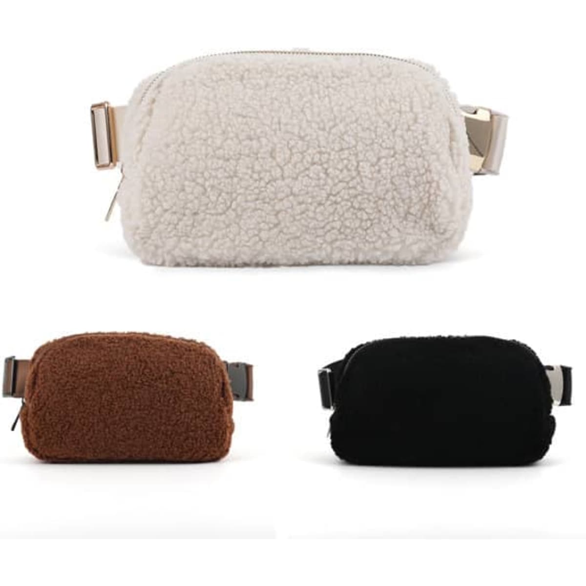 A custom fleece fanny pack in cream, brown, and black, featuring a zip closure and a logo.