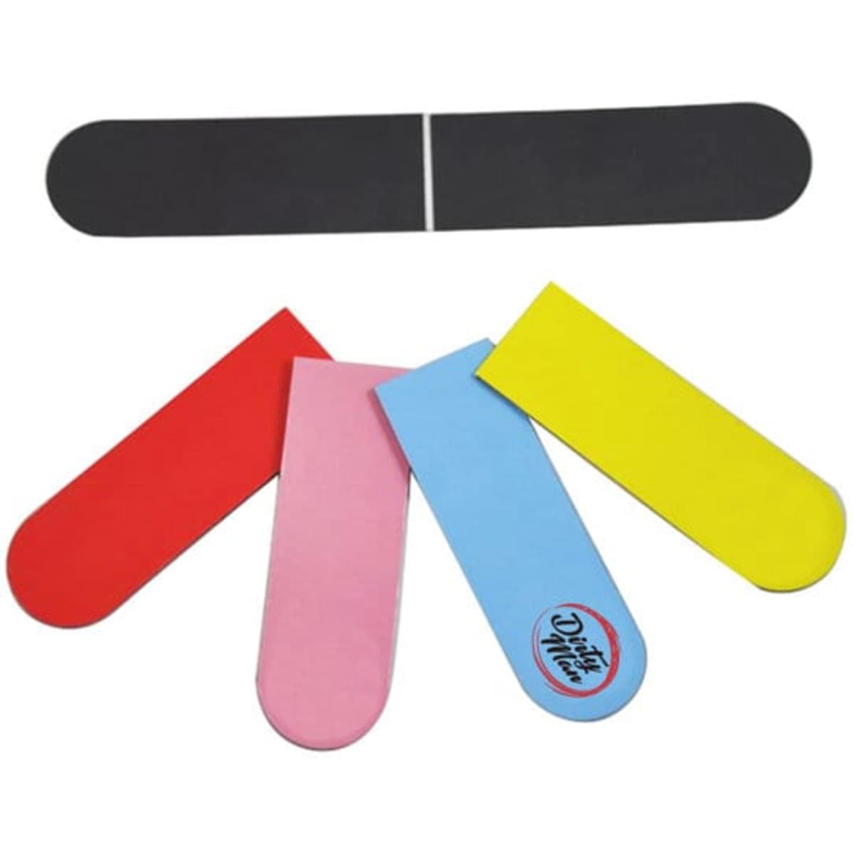 A set of magnetic bookmarks in red, pink, blue, yellow, and black, featuring a logo on one bookmark.