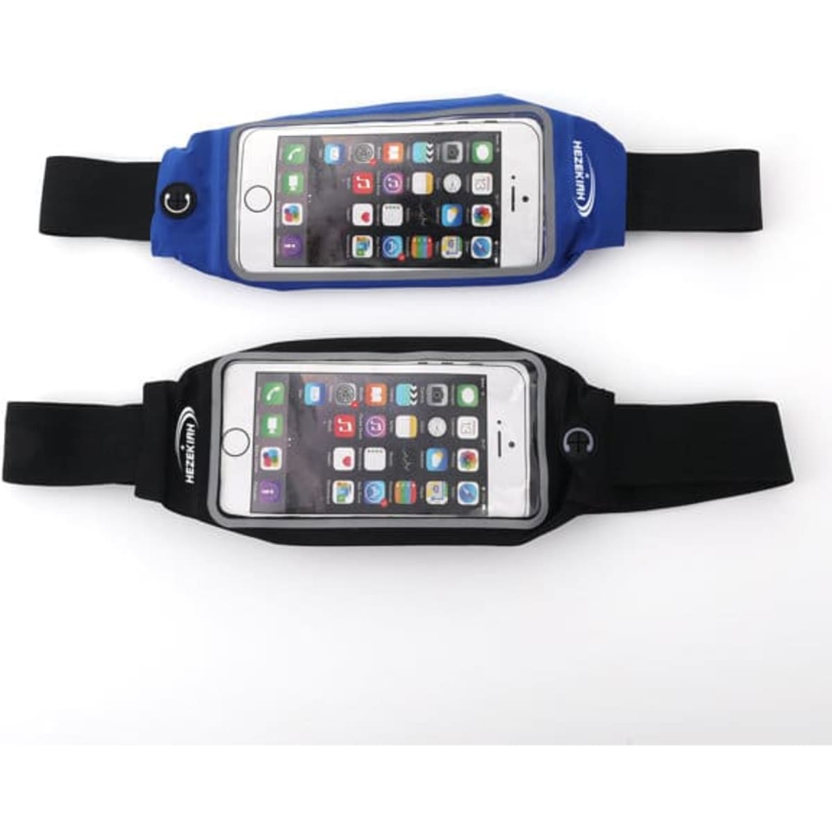 A blue and a black waist bag with a transparent touchscreen pocket, suitable for holding a smartphone, feature logos.