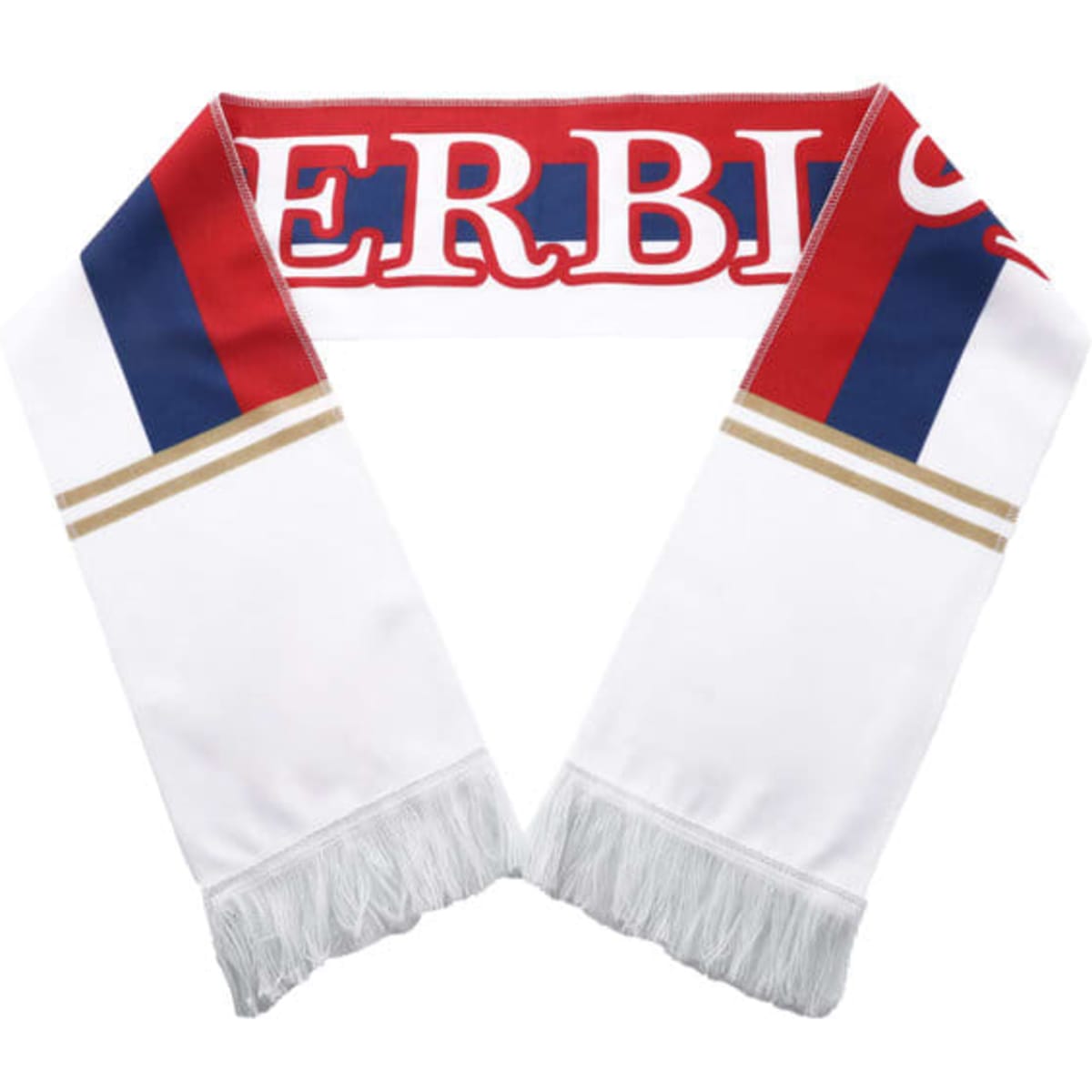 A red, white, and blue scarf featuring tassels, with a branding logo and striped patterns.