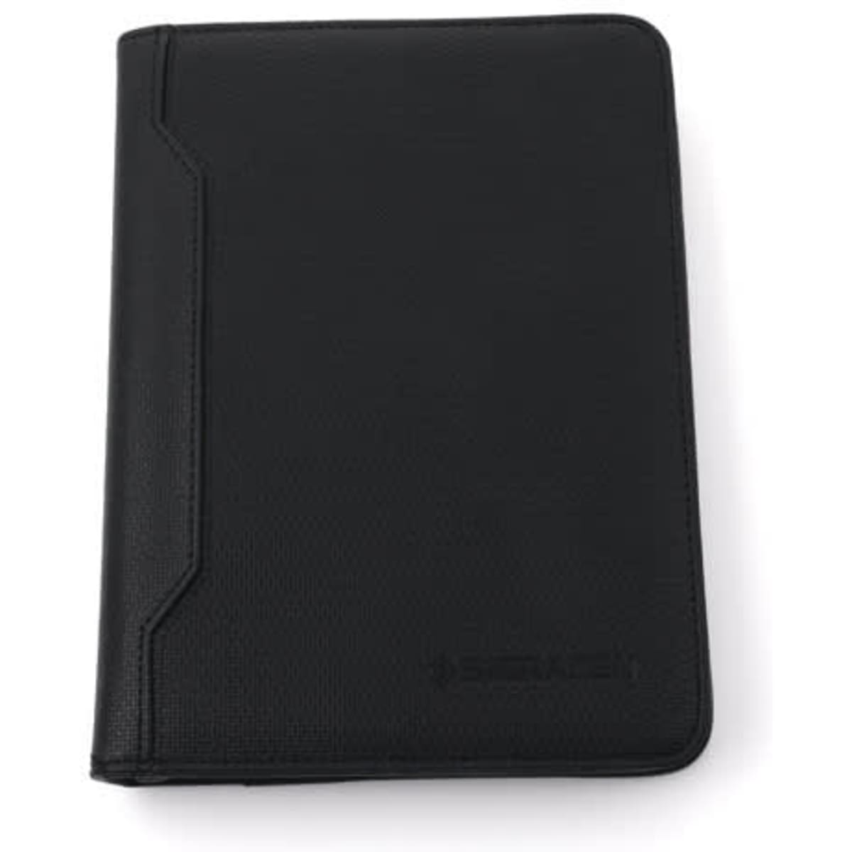 A black portable zippered padfolio with a textured finish and a logo on the front.