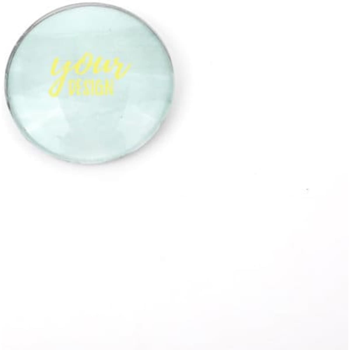 A round crystal glass fridge magnet in light green with a logo on the surface.