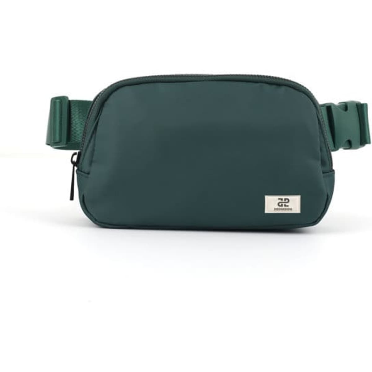 A dark green nylon fanny pack with a zippered compartment and adjustable strap. Features a logo on the front.