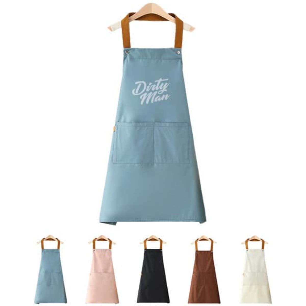 A personalised canvas kitchen apron in blue with tan straps, featuring pockets and available in various colours.
