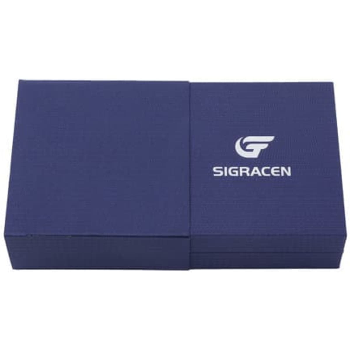 A navy blue jewellery gift packaging box with a logo on the front. The box has a minimalist design and opens flat.