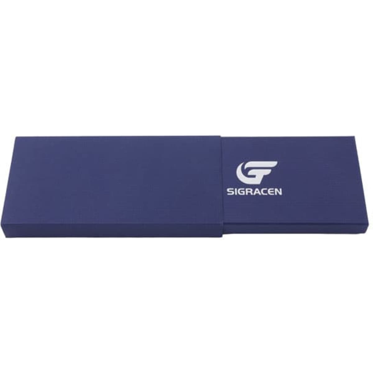 A dark blue customised paper box with a lid and a logo on the surface.