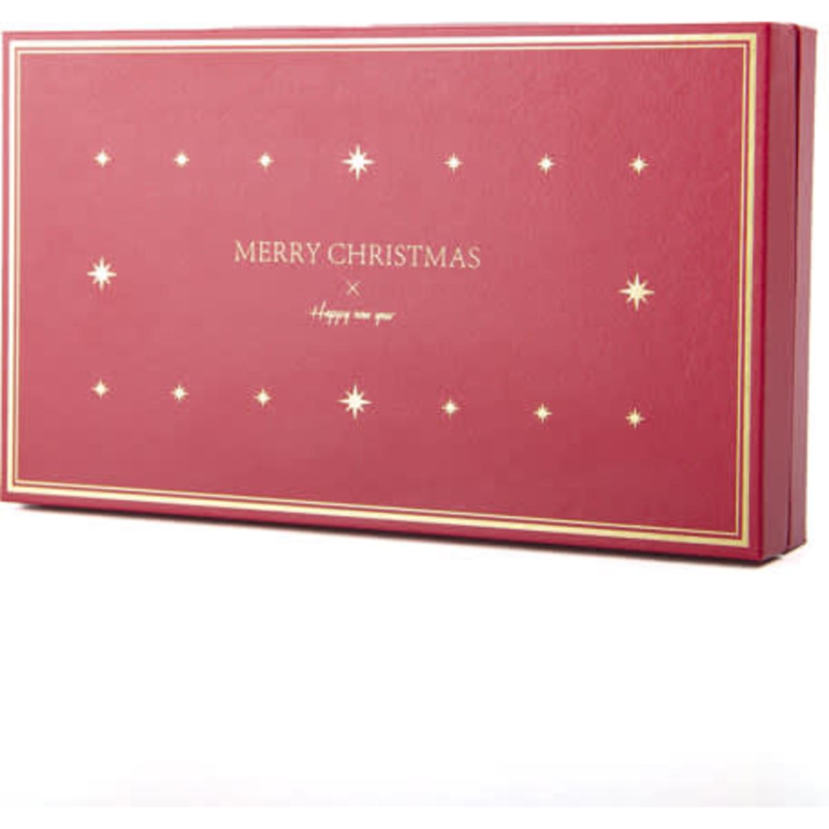 A red gift box with gold stars and a greeting card, featuring festive text for Christmas and New Year.