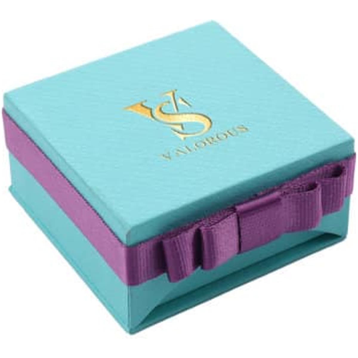 A square, turquoise gift box with a purple ribbon, featuring a logo on the top.