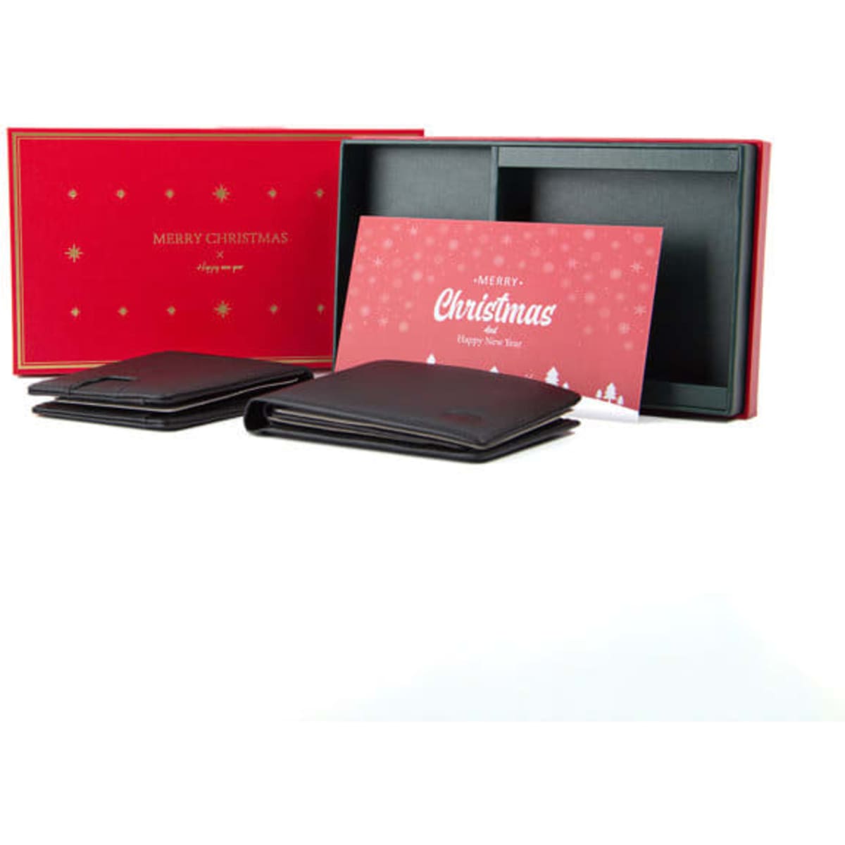 A black wallet gift set in a red and black box, accompanied by a Christmas greeting card.