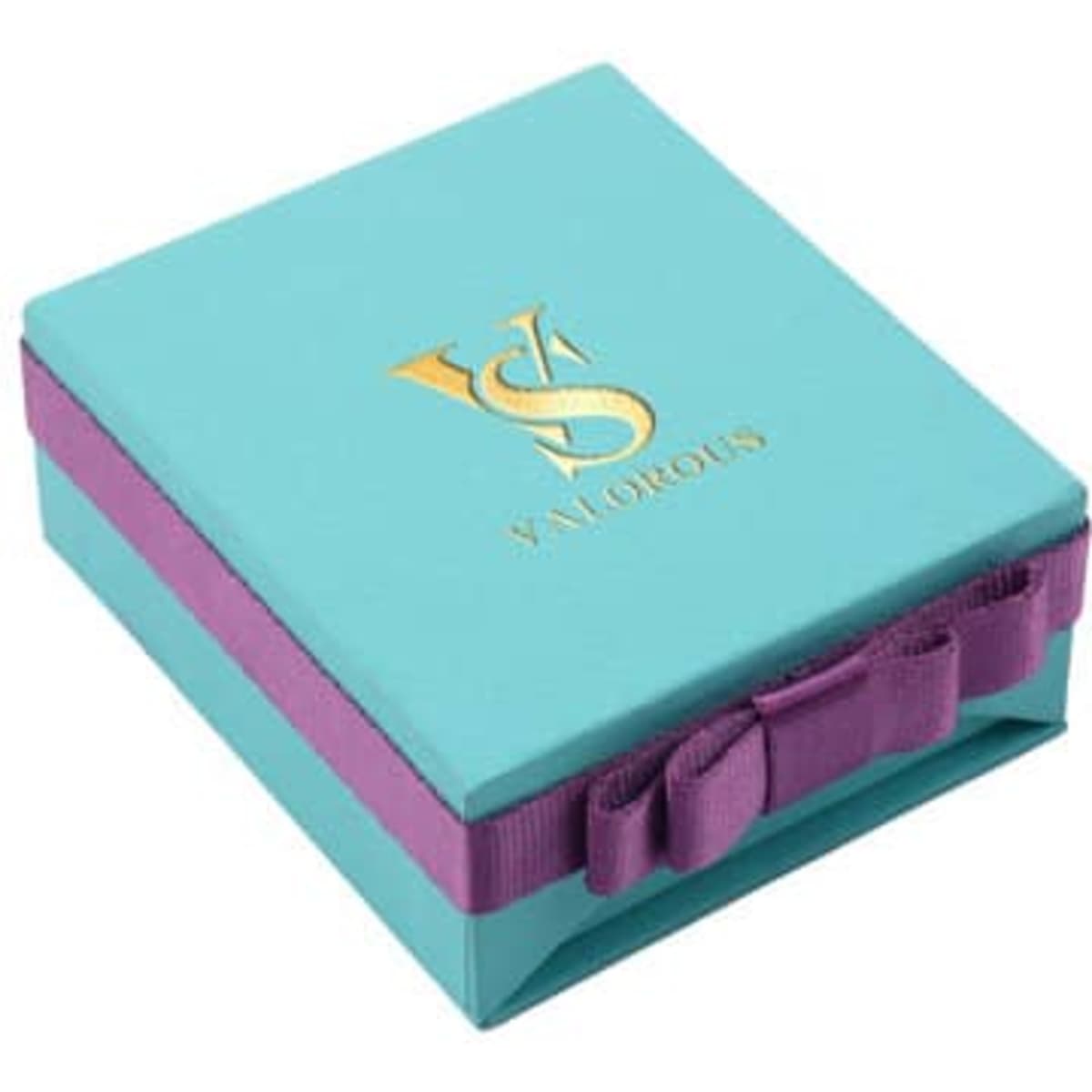 A turquoise gift packaging box with a purple ribbon and a logo on top, designed for bow earrings.