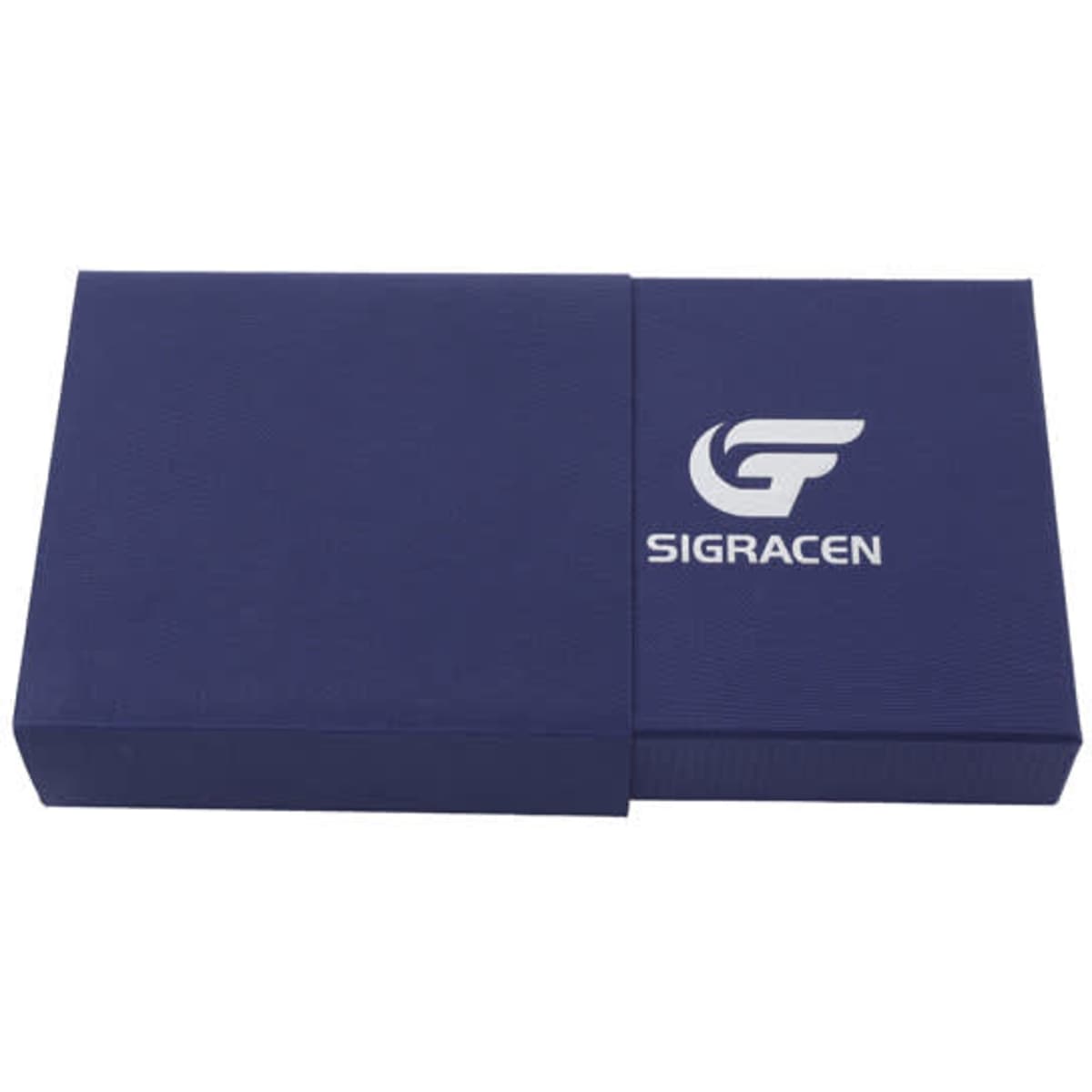 A navy blue cardboard jewelry gift box with a logo, featuring a sleek and modern design.