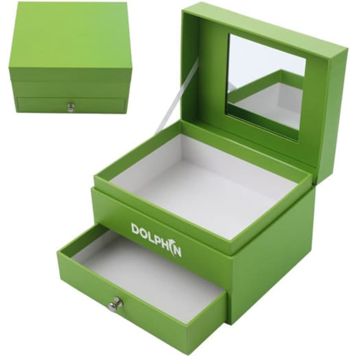 A green, two-layered paper jewellery box with a mirror and one open drawer, featuring a logo on the front.