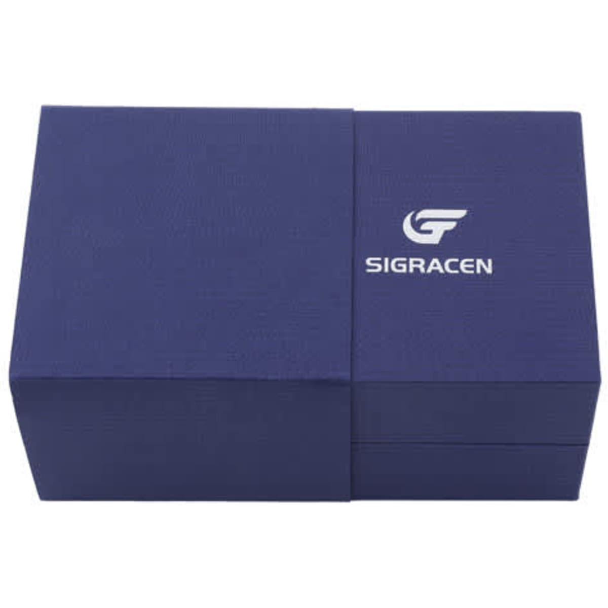 A custom single watch gift box in navy blue, featuring a logo on the front.