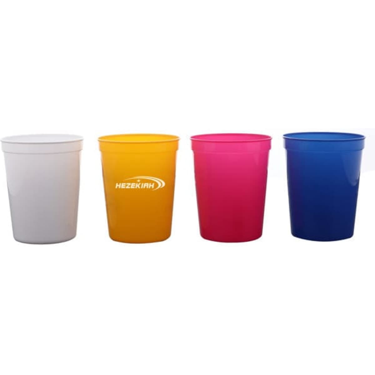 A set of four 12 oz. customised plastic stadium cups in white, yellow, pink, and blue, featuring a logo.