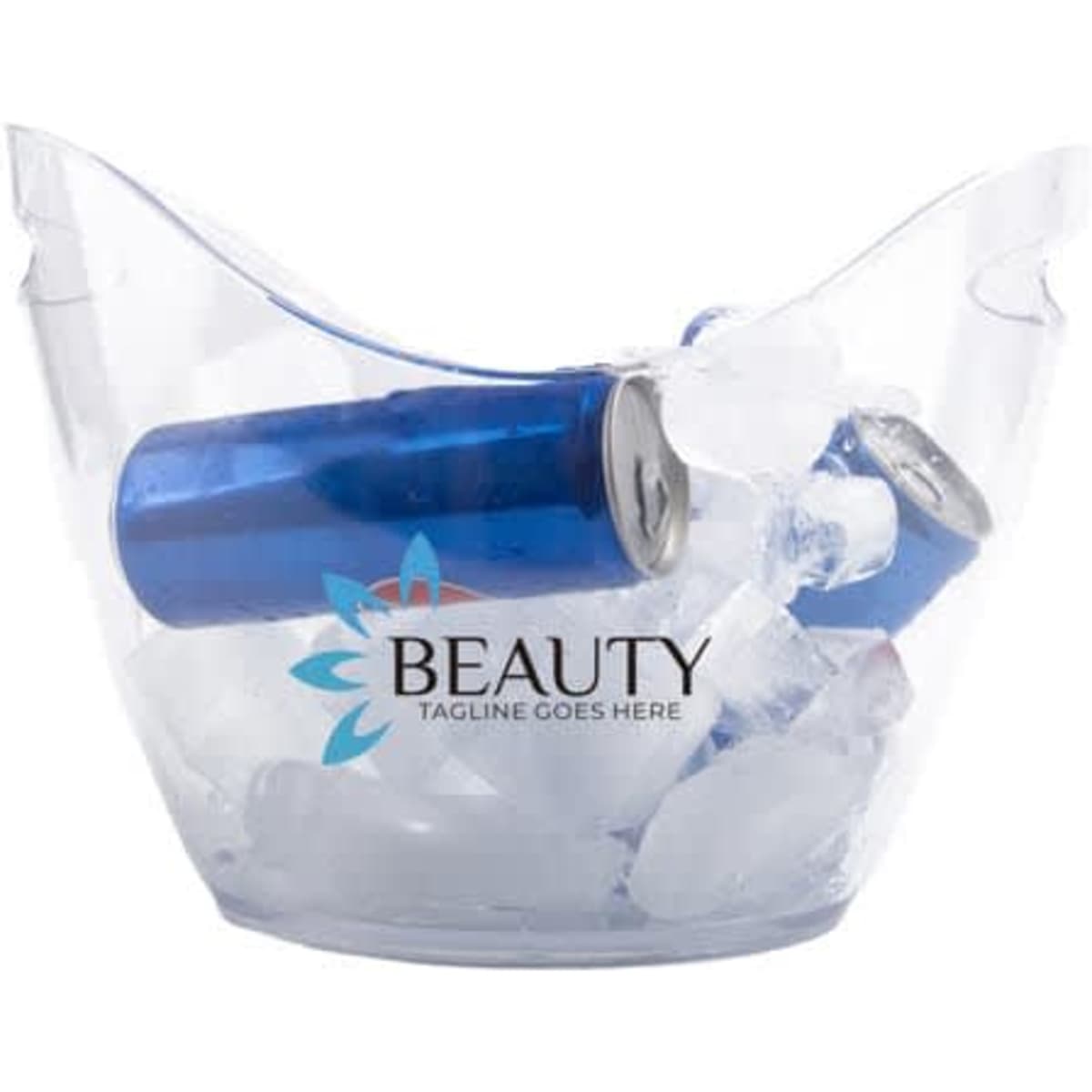 A transparent plastic ice bucket containing ice and several cans, featuring a logo on its side.