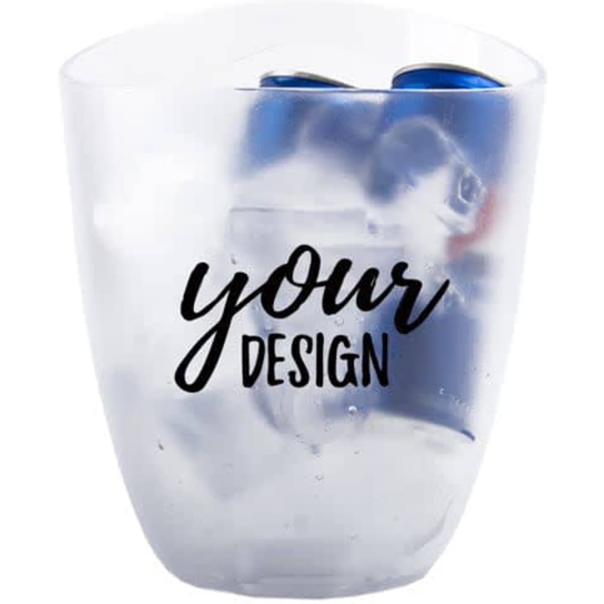 A frosted ice bucket containing cans surrounded by ice. Features a design on one side.