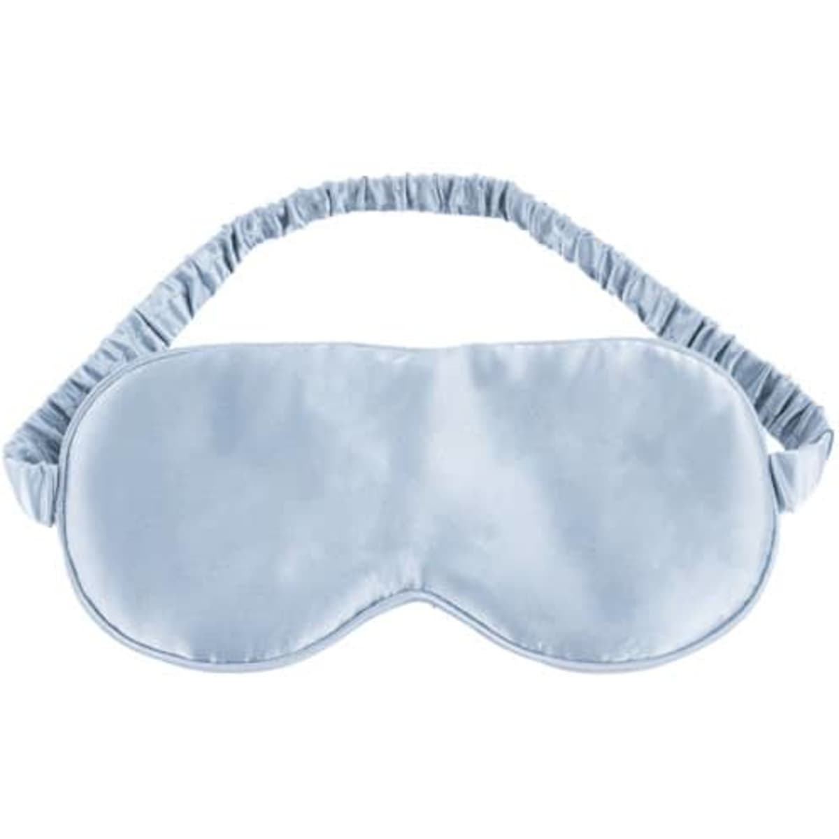 A light blue satin eye mask with an elastic strap. The mask has a smooth texture and a minimalist design.