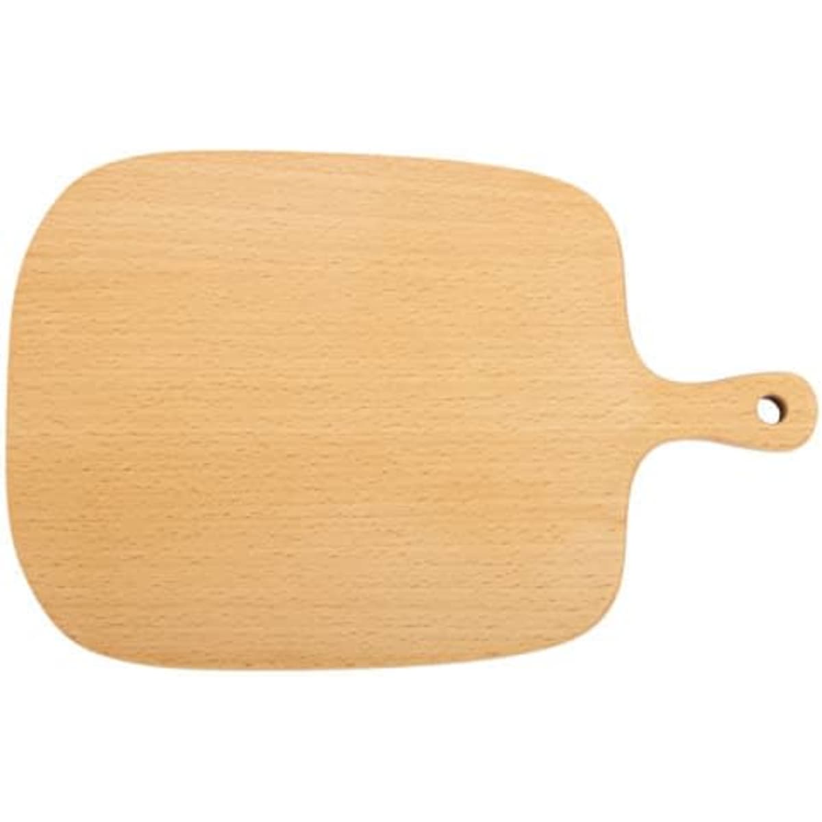 A wooden cutting board with a handle, featuring a light wood finish and a rectangular shape.