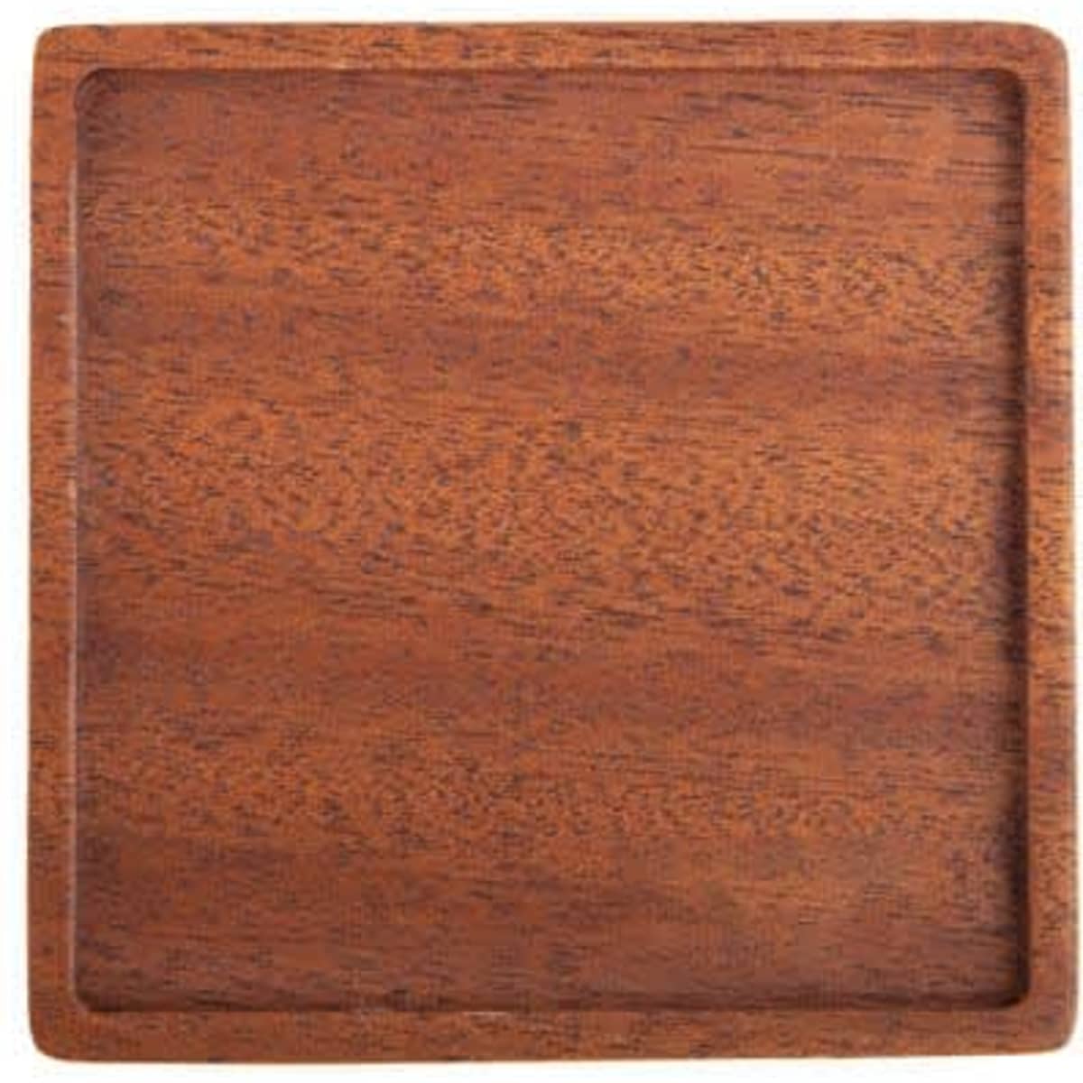 A wooden square coaster with a groove, featuring a rich brown hue and a smooth surface.